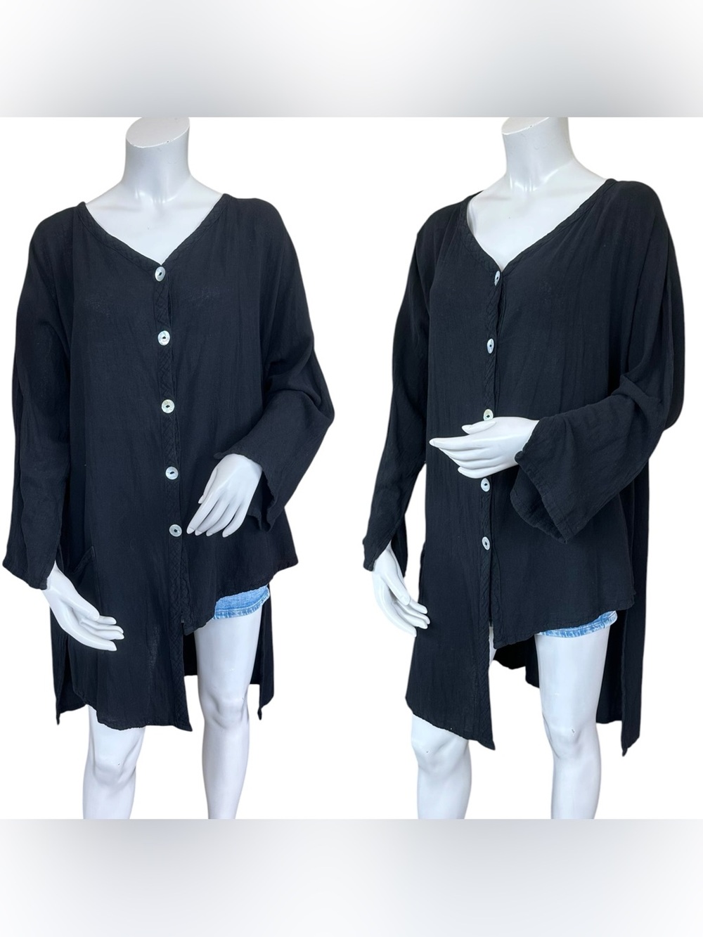 Oh my Gauze Oversized Black Cotton Asymmetrical Button Down Blouse Os